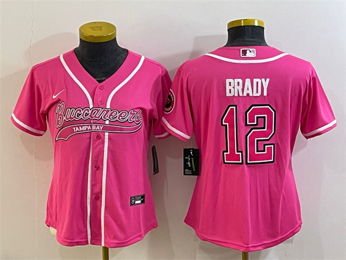 Women Tampa Bay Buccaneers 12 Tom Brady Pink With Patch Cool Base Stitched Baseball Jersey