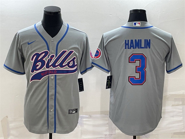 Men Buffalo Bills 3 Damar Hamlin Gray With Patch Cool Base Stitched Baseball Jersey