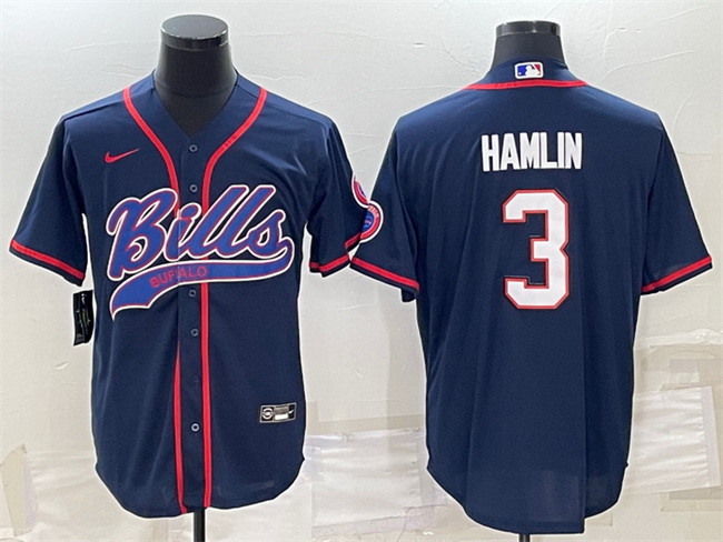 Men Buffalo Bills 3 Damar Hamlin Navy With Patch Cool Base Stitched Baseball Jersey