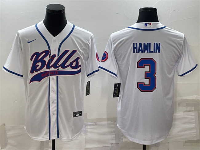 Men Buffalo Bills 3 Damar Hamlin White With Patch Cool Base Stitched Baseball Jersey