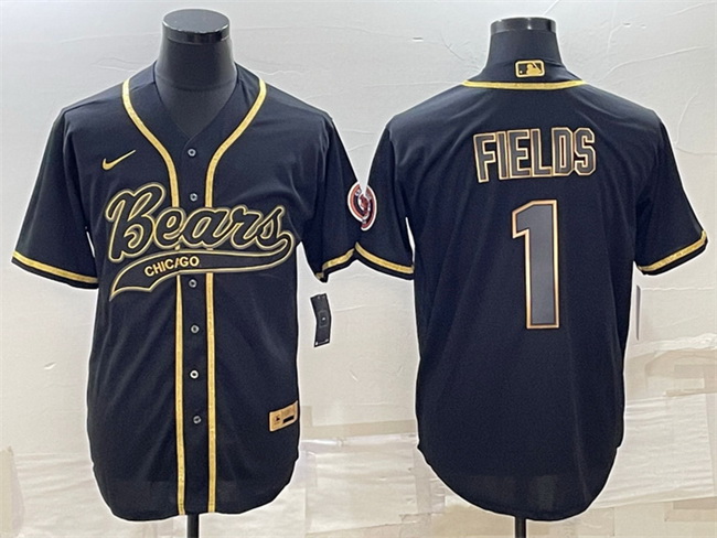 Men Chicago Bears 1 Justin Fields Black Gold With Patch Cool Base Stitched Baseball Jersey