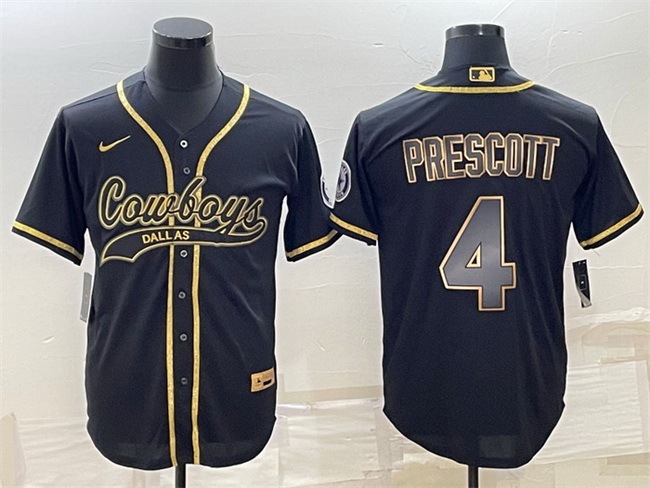 Men Dallas Cowboys 4 Dak Prescott Black Gold With Patch Cool Base Stitched Baseball Jersey