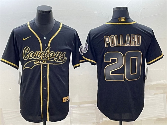 Men Dallas Cowboys 20 Tony Pollard Black Gold With Patch Cool Base Stitched Baseball Jersey