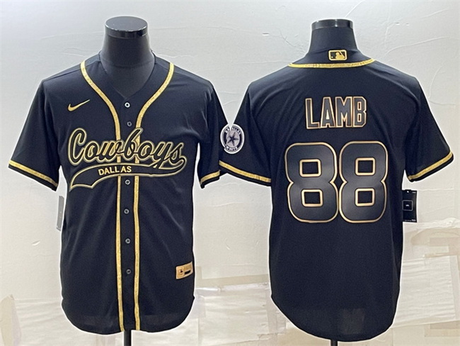 Men Dallas Cowboys 88 CeeDee Lamb Black Gold With Patch Cool Base Stitched Baseball Jersey