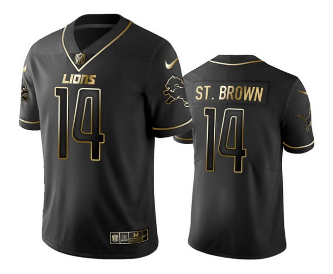 Men Detroit Lions 14 Amon Ra St  Brown Black Gold Edition Stitched Jersey