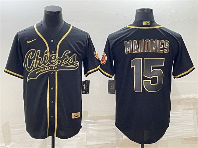 Men Kansas City Chiefs 15 Patrick Mahomes Black Gold With Patch Cool Base Stitched Baseball Jersey