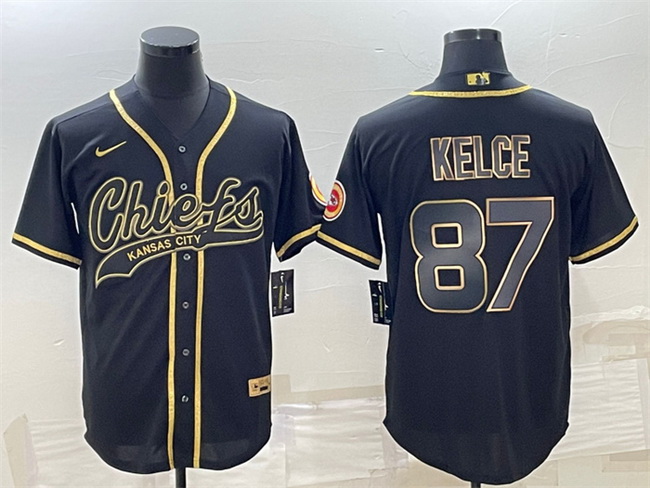 Men Kansas City Chiefs 87 Travis Kelce Black Gold With Patch Cool Base Stitched Baseball Jersey