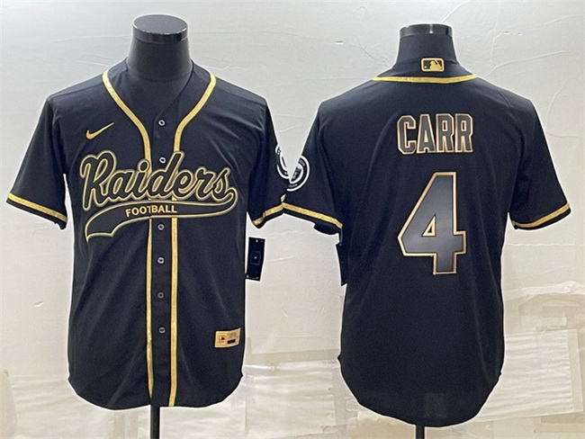 Men Las Vegas Raiders 4 Derek Carr Black Gold With Patch Cool Base Stitched Baseball Jersey