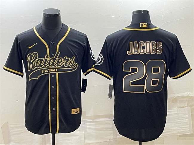 Men Las Vegas Raiders 28 Josh Jacobs Black Gold With Patch Cool Base Stitched Baseball Jersey