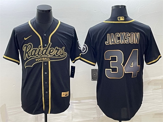 Men Las Vegas Raiders 34 Bo Jackson Black Gold With Patch Cool Base Stitched Baseball Jersey