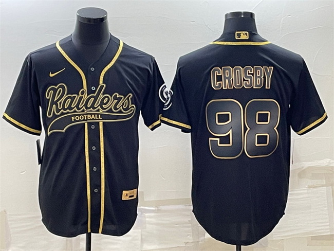 Men Las Vegas Raiders 98 Maxx Crosby Black Gold With Patch Cool Base Stitched Baseball Jersey