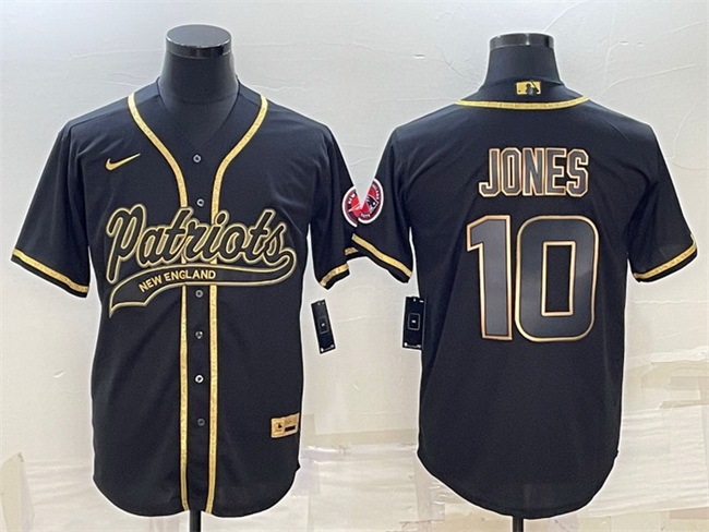 Men New England Patriots 10 Mac Jones Black Gold With Patch Cool Base Stitched Baseball Jersey