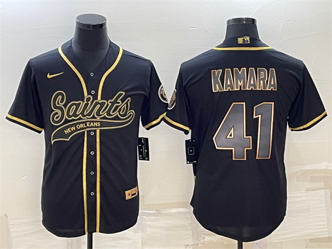 Men New Orleans Saints 41 Alvin Kamara Black Gold With Patch Cool Base Stitched Baseball Jersey