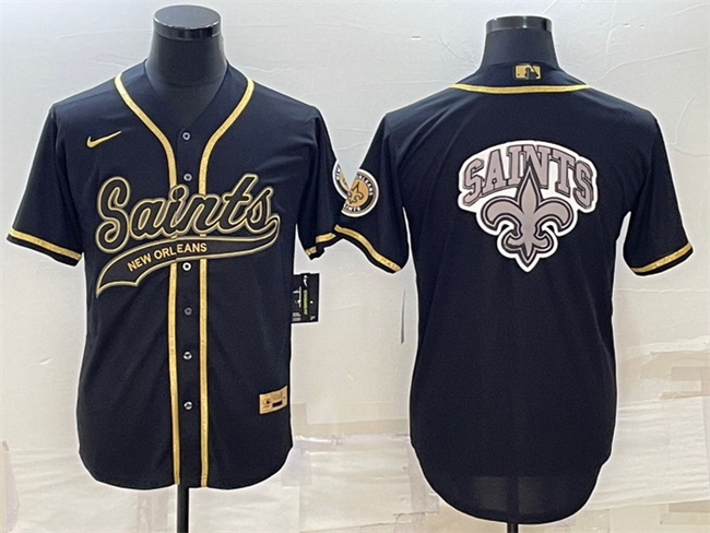 Men New Orleans Saints Black Gold Team Big Logo With Patch Cool Base Stitched Baseball Jersey