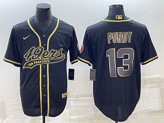 Men San Francisco 49ers 13 Brock Purdy Black Gold With Patch Cool Base Stitched Baseball Jersey