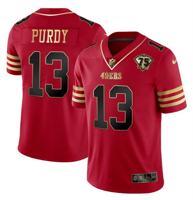 Men San Francisco 49ers 13 Brock Purdy Red Gold With 75th Patch Cool Base Stitched Jersey