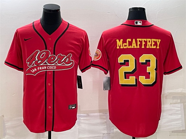 Men San Francisco 49ers 23 Christian McCaffrey Red Gold With Patch Cool Base Stitched Baseball Jerse