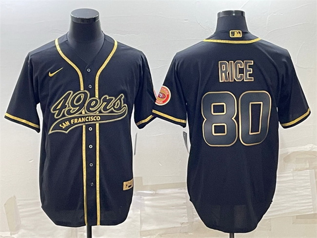 Men San Francisco 49ers 80 Jerry Rice Black Gold With Patch Cool Base Stitched Baseball Jersey