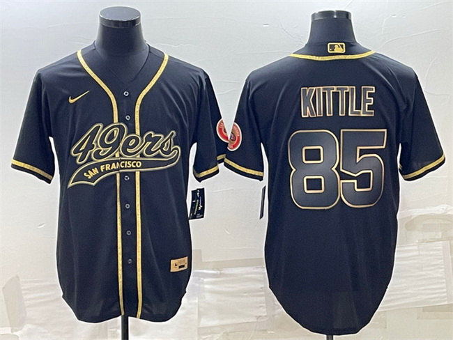 Men San Francisco 49ers 85 George Kittle Black Gold With Patch Cool Base Stitched Baseball Jersey