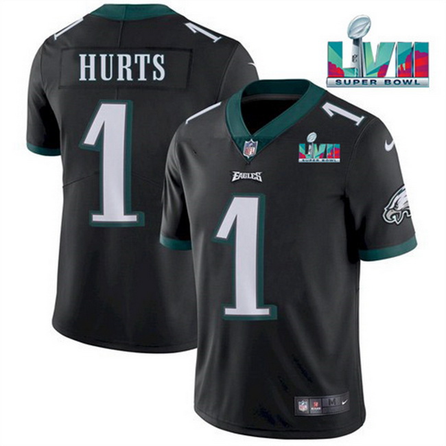 Men Women Youth Toddler Philadelphia Eagles 1 Jalen Hurts Black Super Bowl LVII Patch Vapor Untoucha