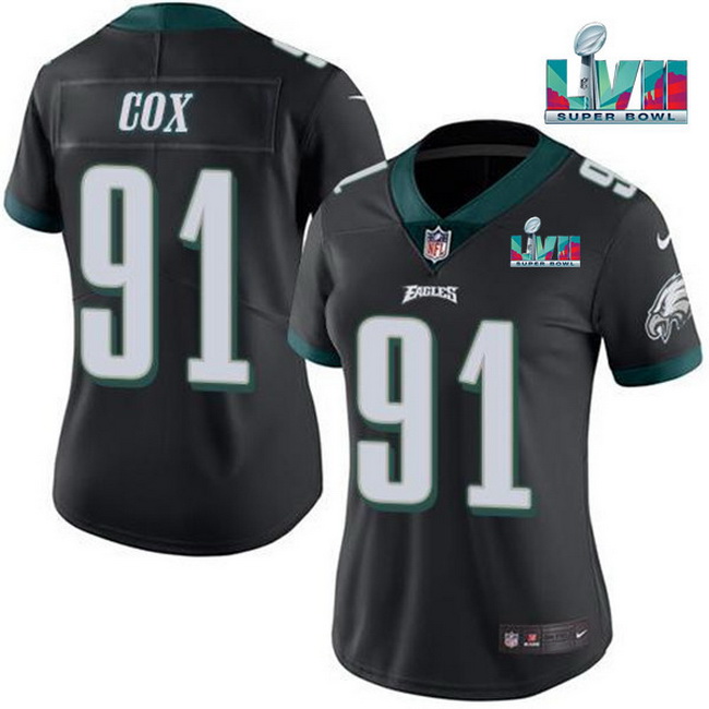 Men Women Youth Toddler Philadelphia Eagles 91 Fletcher Cox Black Super Bolw LVII Patch Vapor Untouc