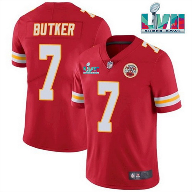 Men Women Youth Toddler Kansas City Chiefs 7 Harrison Butker Red Super Bowl LVII Patch Vapor Untouch