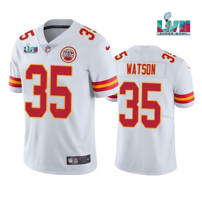 Men Women Youth Toddler Kansas City Chiefs 35 Jaylen Watson White Super Bowl LVII Patch Vapor Untouc