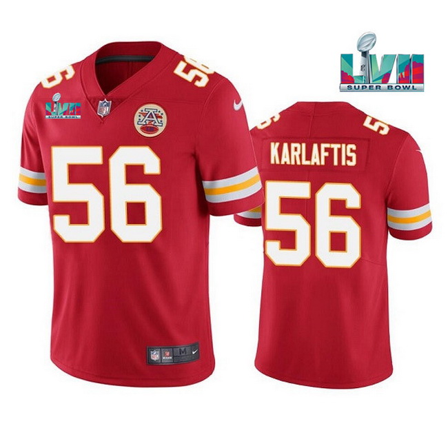 Men Women Youth Toddler Kansas City Chiefs 56 George Karlaftis Red Super Bowl LVII Patch Vapor Untou