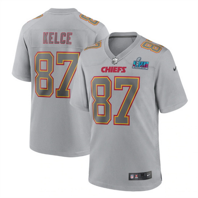 Men Women Youth Toddler Kansas City Chiefs 87 Travis Kelce Grey Super Bowl LVII Patch Atmosphere Fas