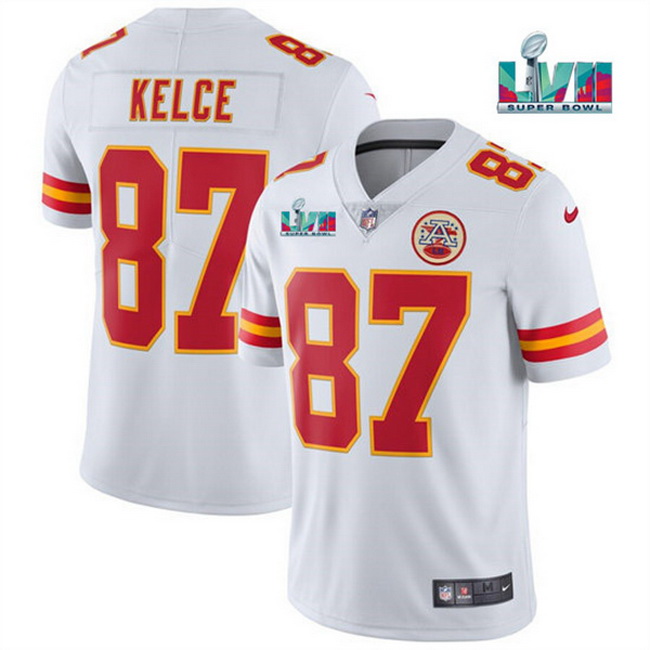 Men Women Youth Toddler Kansas City Chiefs 87 Travis Kelce White Super Bowl LVII Patch Vapor Untouch