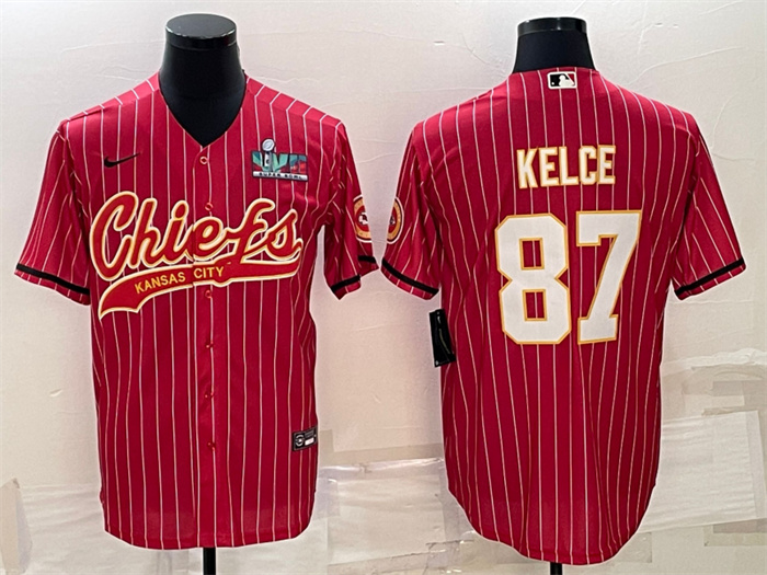 Men Kansas City Chiefs 87 Travis Kelce Red With Super Bowl LVII Patch Cool Base Stitched Baseball Je