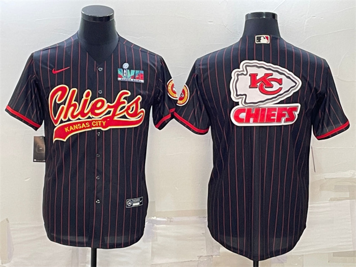 Men Kansas City Chiefs Black Team Big Logo With Super Bowl LVII Patch Cool Base Stitched Baseball Je