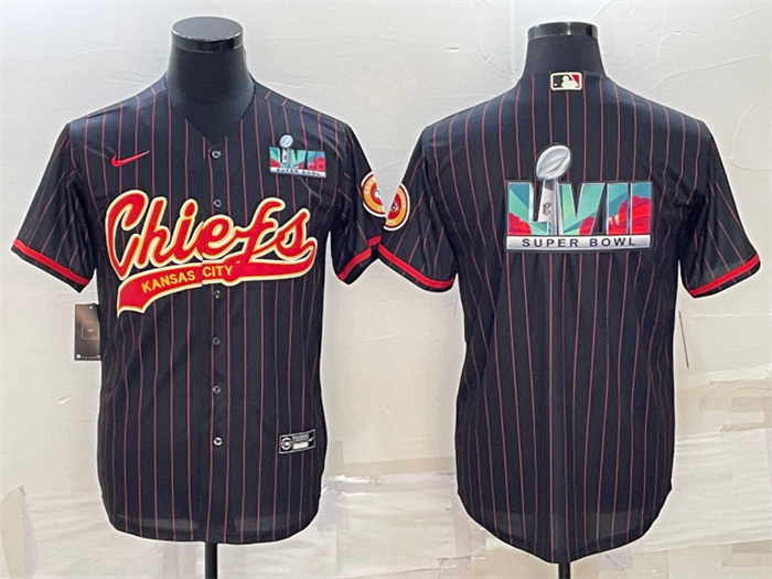 Men Kansas City Chiefs Black With Super Bowl LVII Big Logo Cool Base Stitched Baseball Jersey