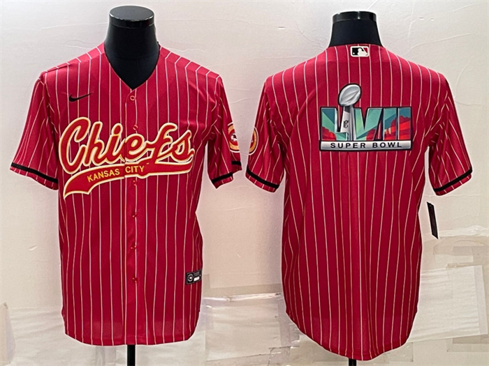 Men Kansas City Chiefs Red With Super Bowl LVII Big Logo Cool Base Stitched Baseball Jersey