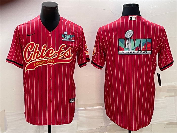 Men Kansas City Chiefs Red With Super Bowl LVII Big Logo Cool Base Stitched Baseball JerseyS