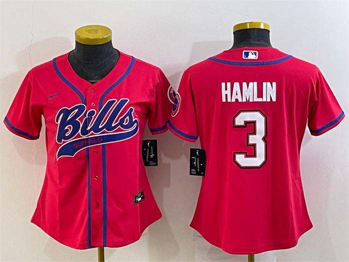 Women Buffalo Bills 3 Damar Hamlin Red With Patch Cool Base Stitched Baseball Jersey