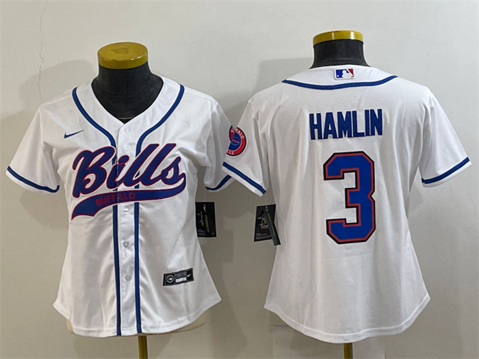 Women Buffalo Bills 3 Damar Hamlin White With Patch Cool Base Stitched Baseball Jersey