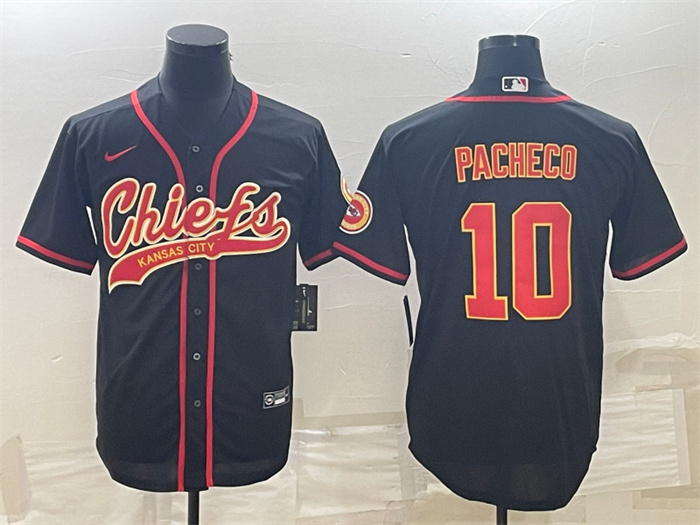 Men Kansas City Chiefs 10 Isiah Pacheco Black With Patch Cool Base Stitched Baseball Jerseys