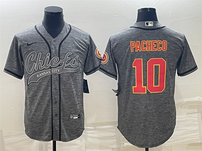 Men Kansas City Chiefs 10 Isiah Pacheco Grey With Patch Cool Base Stitched Baseball Jersey