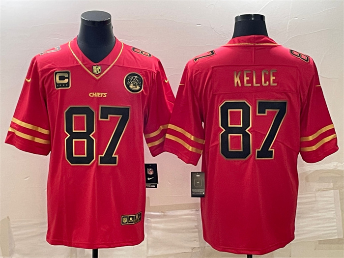 Men Kansas City Chiefs 87 Travis Kelce Red Gold 4 Star C Patch Vapor Untouchable Limited Stitched Je