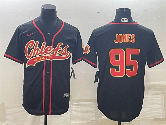 Men Kansas City Chiefs 95 Chris Jones Black With Patch Cool Base Stitched Baseball Jersey