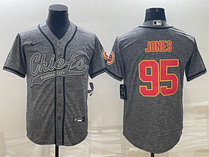 Men Kansas City Chiefs 95 Chris Jones Grey With Patch Cool Base Stitched Baseball Jersey