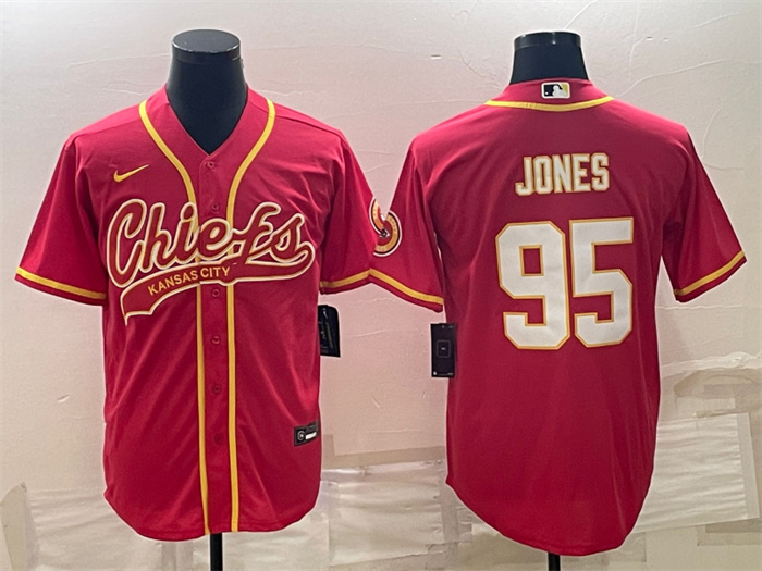 Men Kansas City Chiefs 95 Chris Jones Red With Patch Cool Base Stitched Baseball Jersey