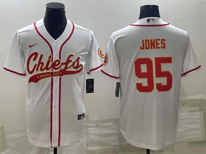 Men Kansas City Chiefs 95 Chris Jones White With Patch Cool Base Stitched Baseball Jersey