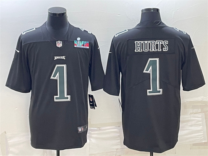 Men Philadelphia Eagles 1 Jalen Hurts Black Green Super Bowl LVII Patch Vapor Untouchable Limited St