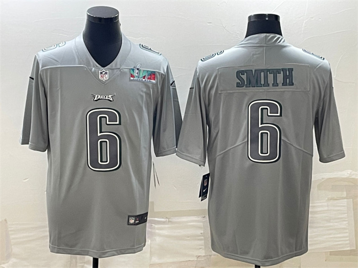 Men Philadelphia Eagles 6 DeVonta Smith Gray Super Bowl LVII Patch Atmosphere Fashion Stitched Jerse