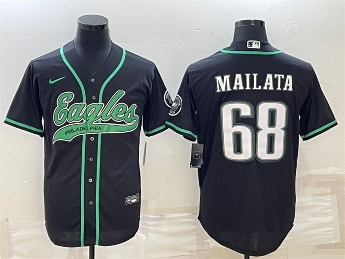 Men Philadelphia Eagles 68 Jordan Mailata Black With Patch Cool Base Stitched Baseball Jersey