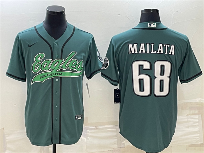 Men Philadelphia Eagles 68 Jordan Mailata Green With Patch Cool Base Stitched Baseball Jersey