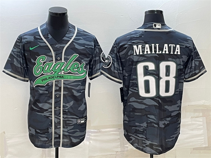 Men Philadelphia Eagles 68 Jordan Mailata Grey Camo With Patch Cool Base Stitched Baseball Jersey