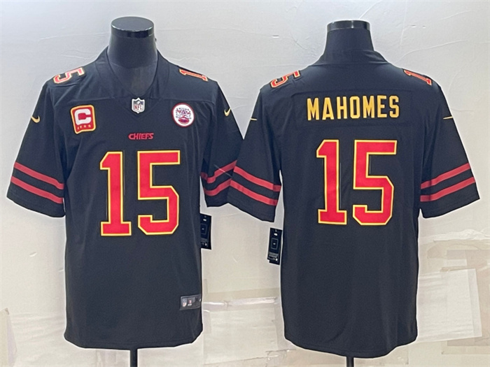 Men Kansas City Chiefs 15 Patrick Mahomes Black Red Gold 4 Star C Patch Vapor Untouchable Limited St